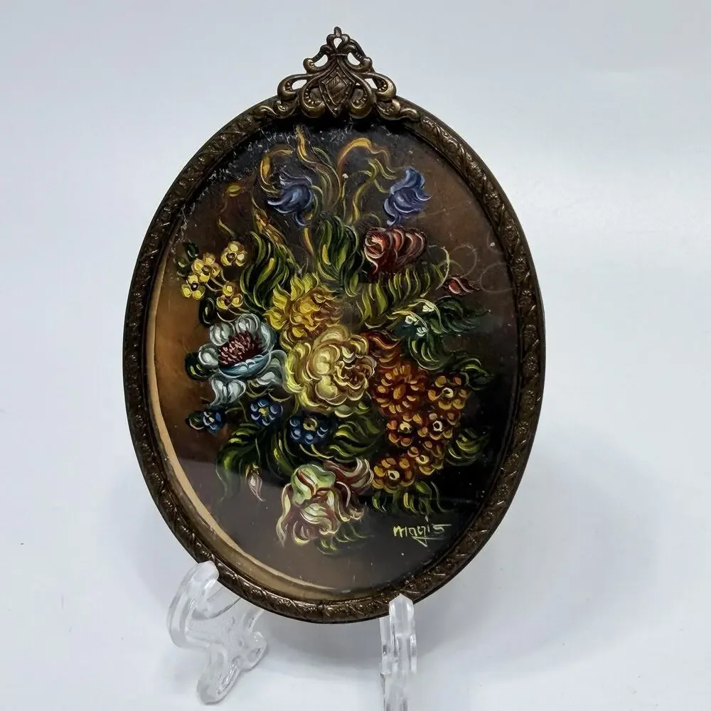 Mini Vtg Brass Victorian Oval Ornate Frame Convex Glass Italy Floral Painting 4